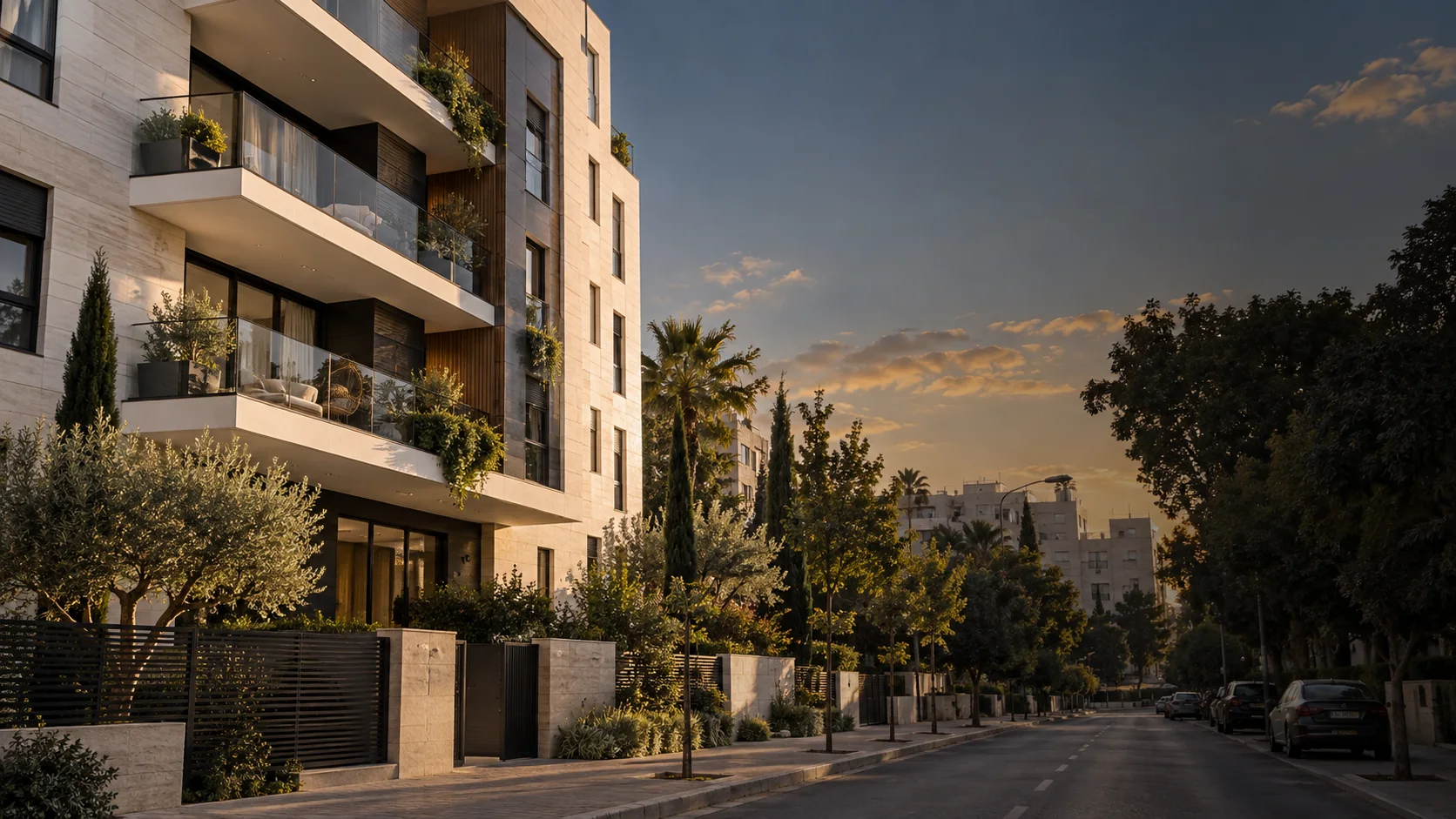 בניין מגורים ישראלי בשעת אחר הצהריים, רחוב שקט ועצים, תמונה עריכתית